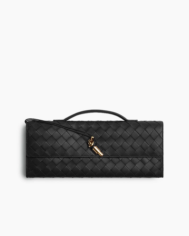 Woven Leather Clutch Bag - Designer Evening Envelope Purse with Gold Clasp