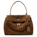 Women's Premium Leather Structured Handbag - Vintage Turn-Lock Shoulder Bag