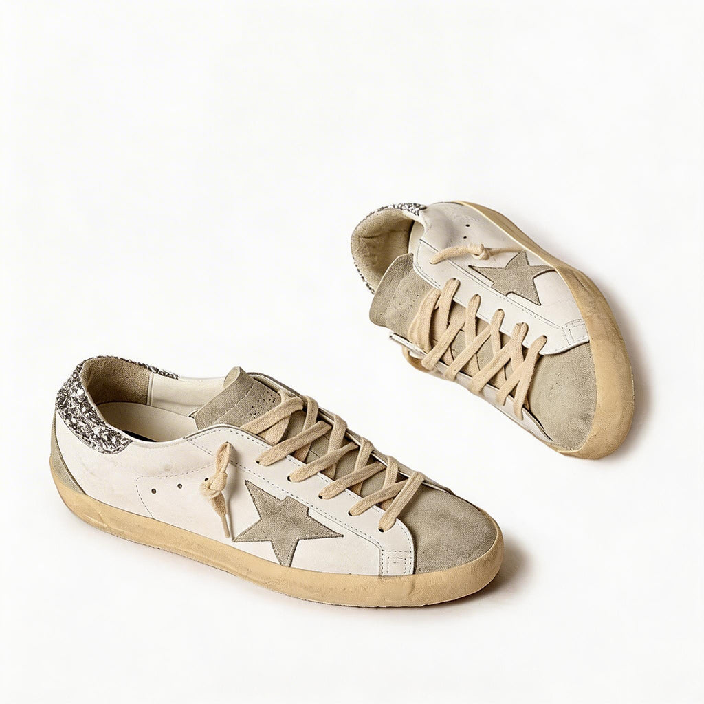 Women's Grey Leather  Star Sneakers - Low-Top Casual Shoes