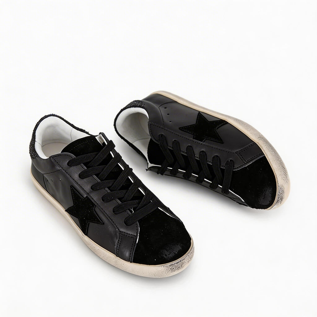 Women’s Black Star Patch Sneakers - Comfy Low-Top Lace-Ups