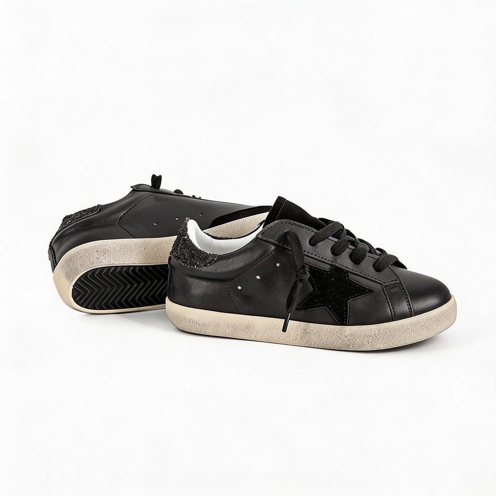 Women’s Black Star Patch Sneakers - Comfy Low-Top Lace-Ups