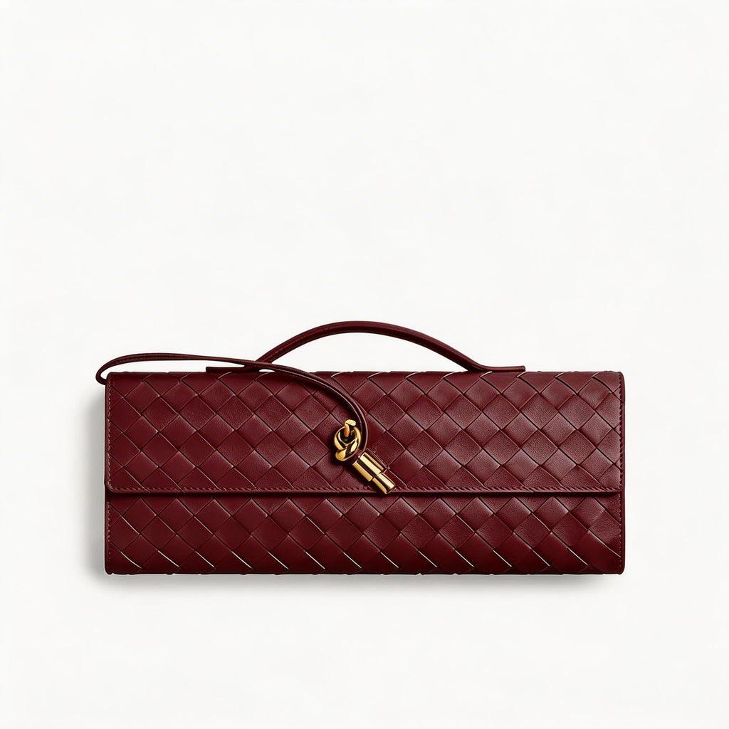 Woven Leather Clutch Bag - Designer Evening Envelope Purse with Gold Clasp