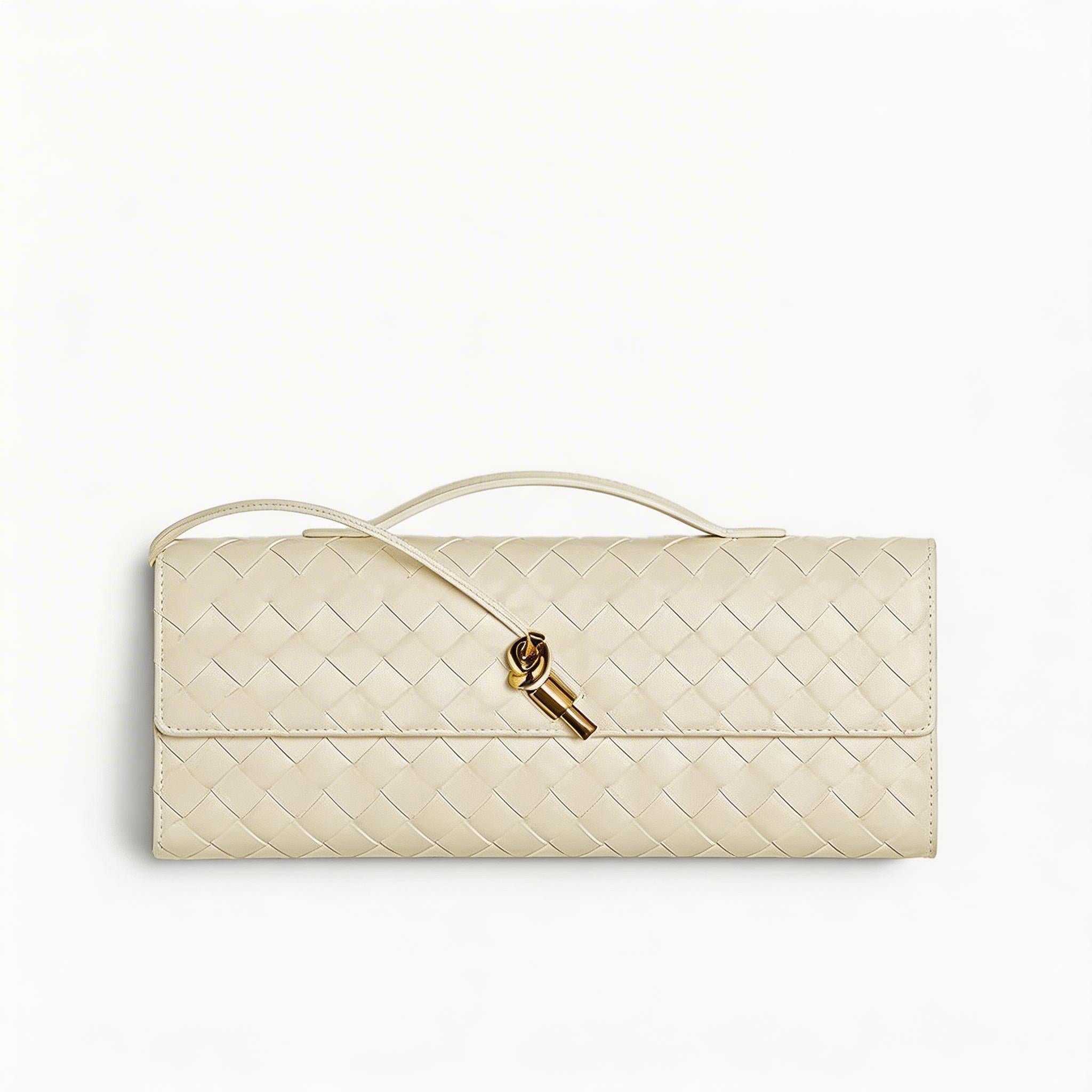 Woven Leather Clutch Bag - Designer Evening Envelope Purse with Gold Clasp
