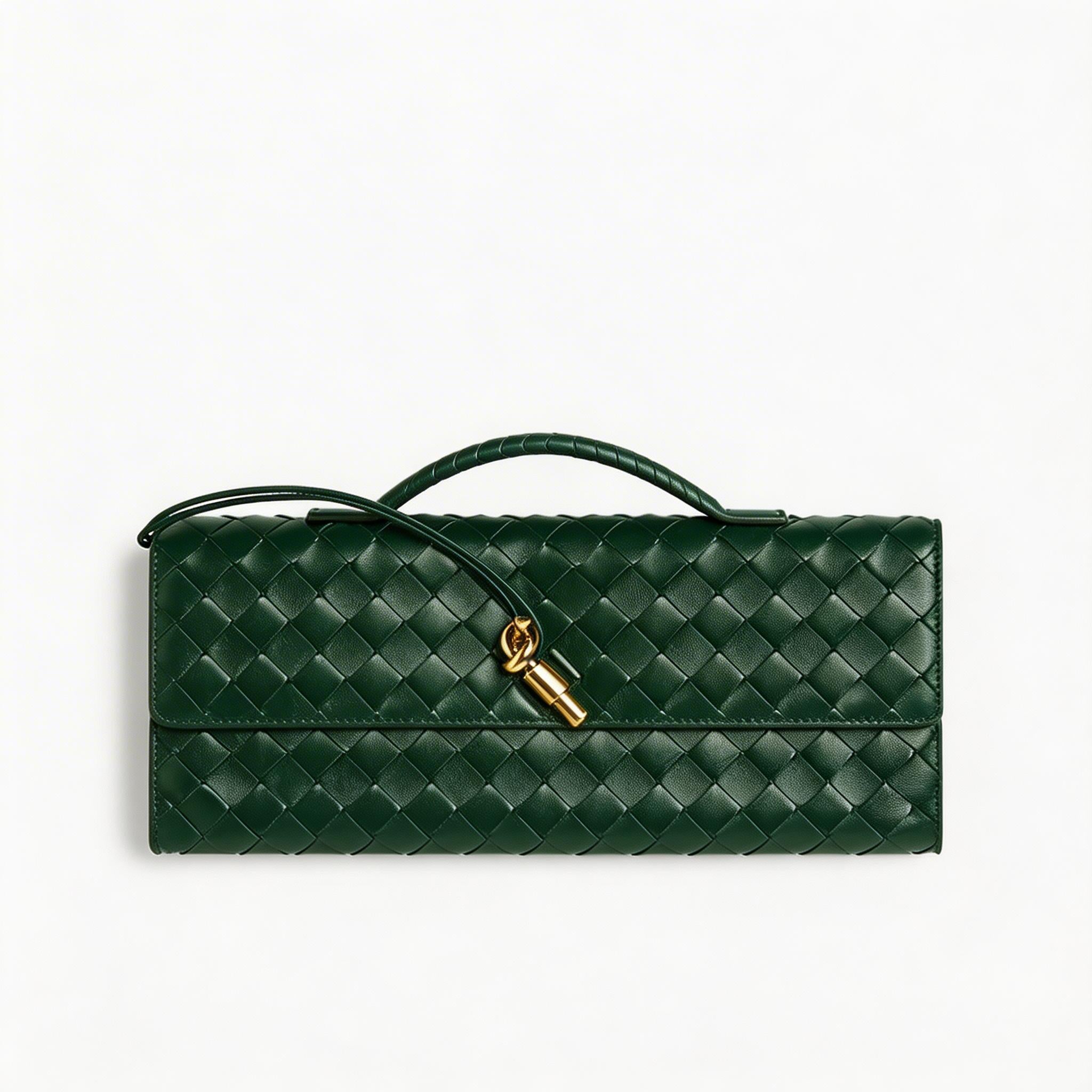 Woven Leather Clutch Bag - Designer Evening Envelope Purse with Gold Clasp