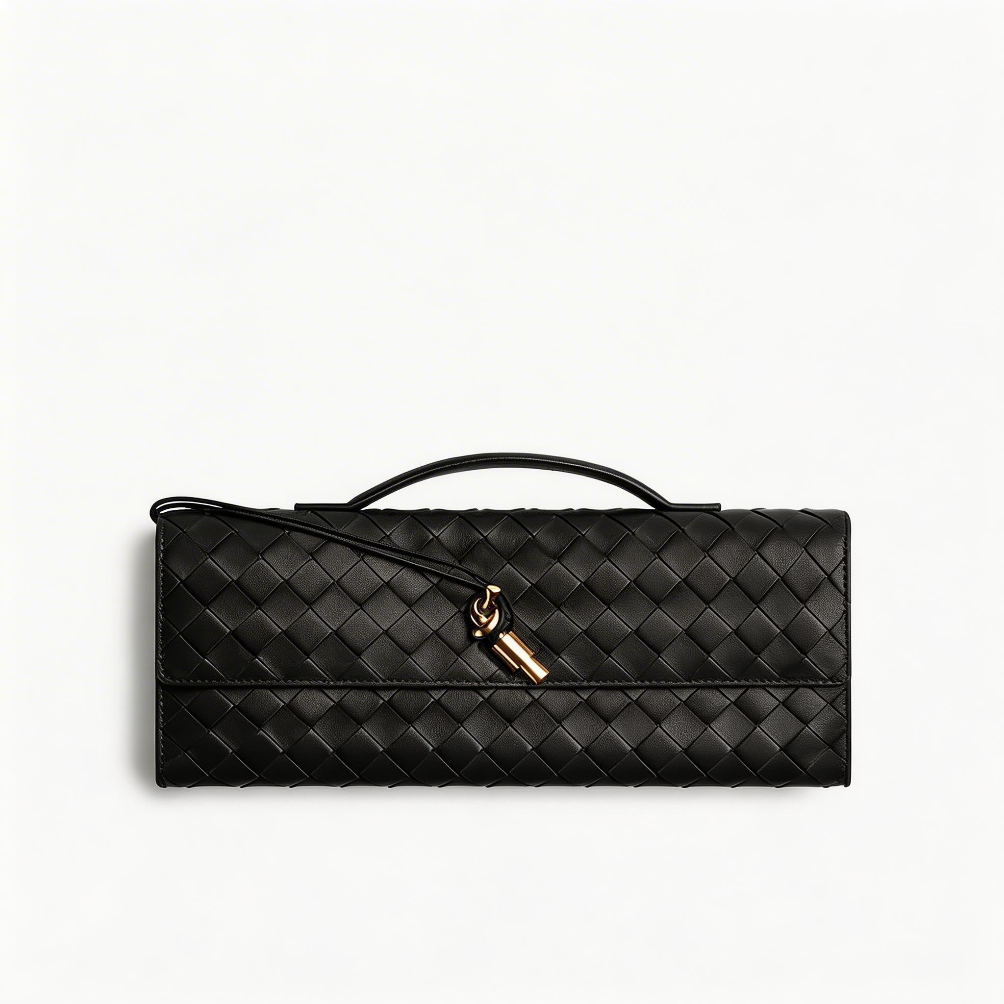 Woven Leather Clutch Bag - Designer Evening Envelope Purse with Gold Clasp