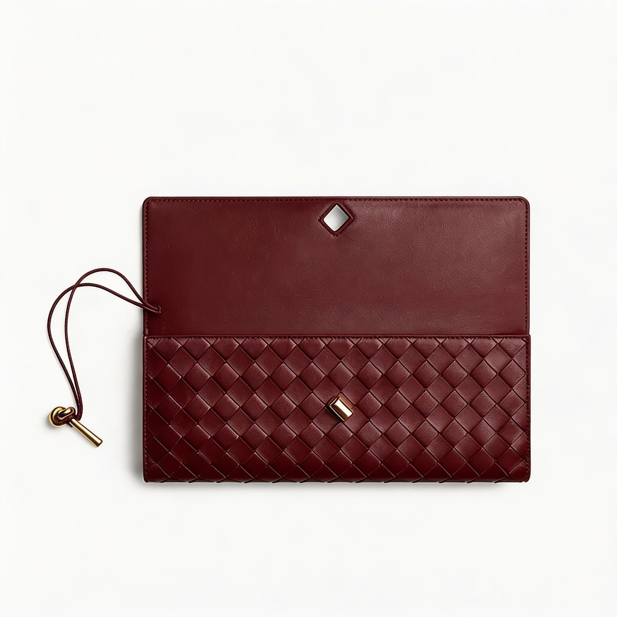 Woven Leather Clutch Bag - Designer Evening Envelope Purse with Gold Clasp