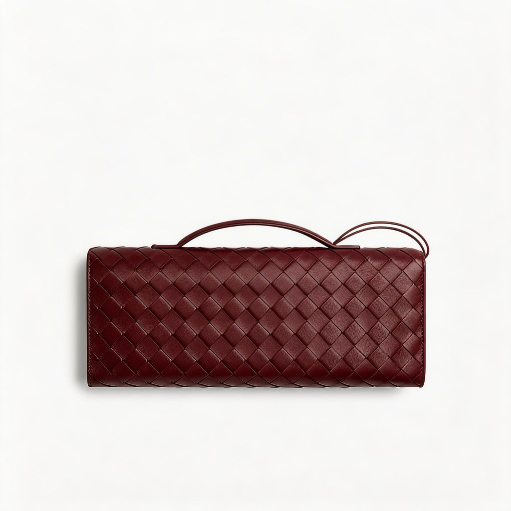 Woven Leather Clutch Bag - Designer Evening Envelope Purse with Gold Clasp