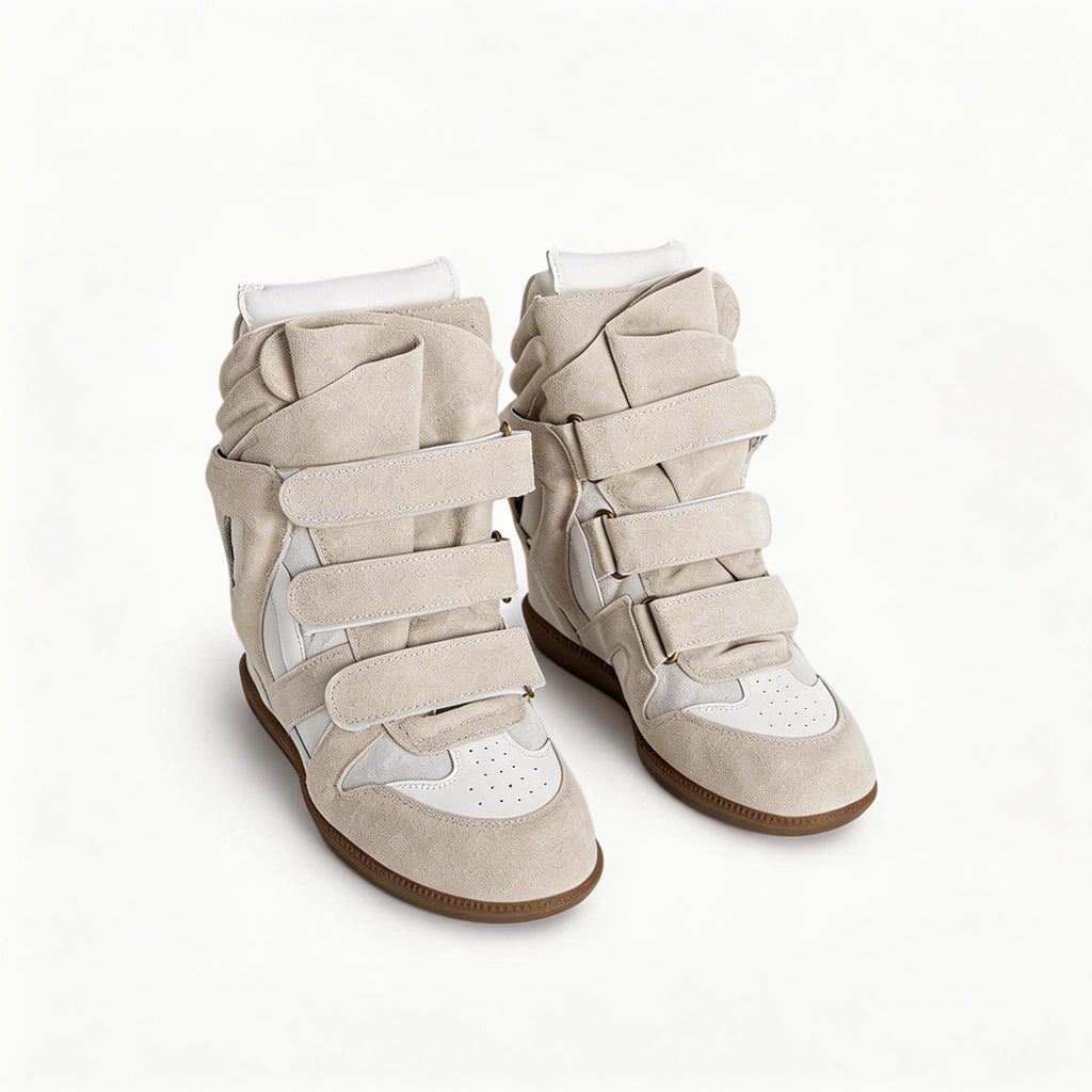 Women's Premium Leather High-Top Sneakers - Hidden Heel Velcro Waterproof Shoes