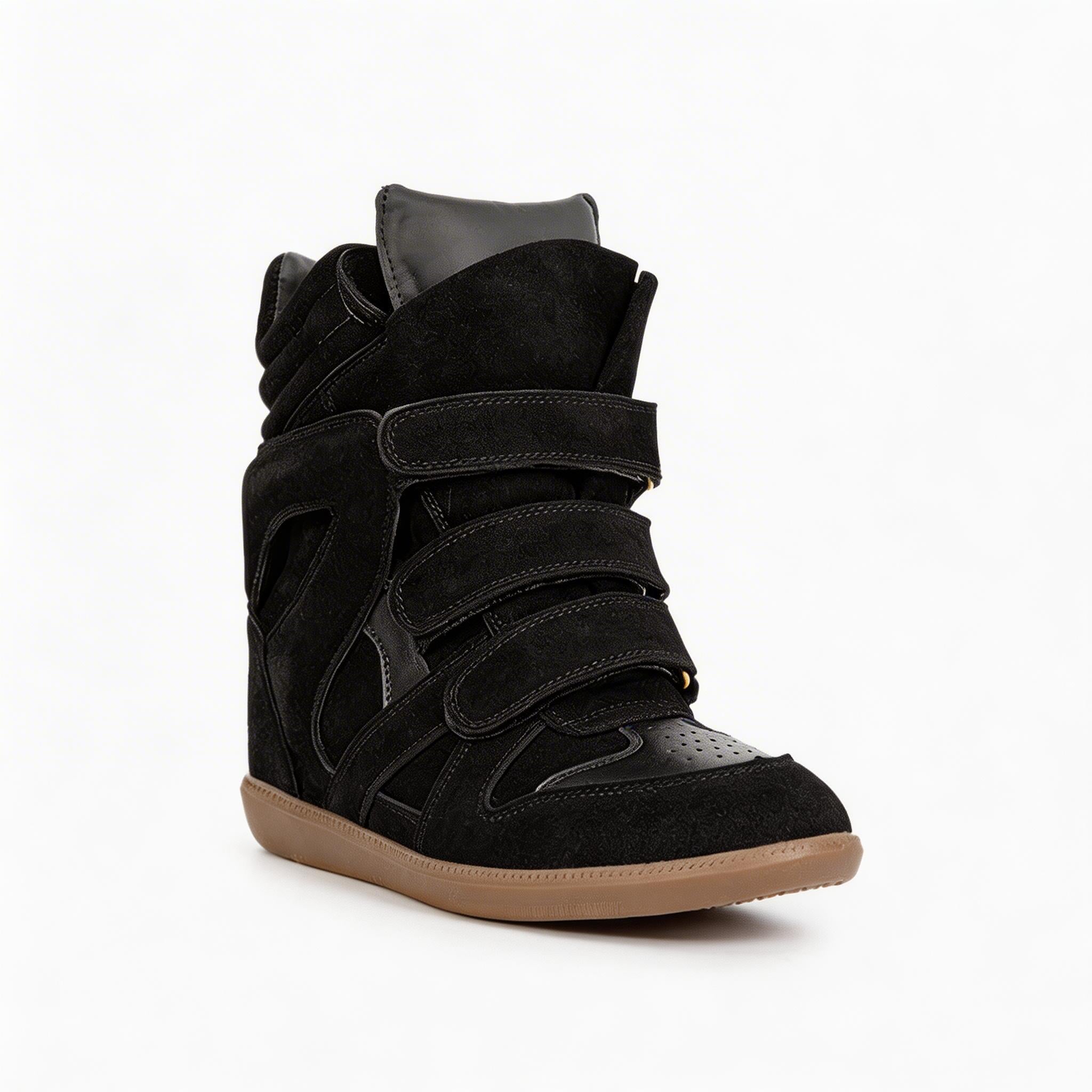 Women's Premium Leather High-Top Sneakers - Hidden Heel Velcro Waterproof Shoes