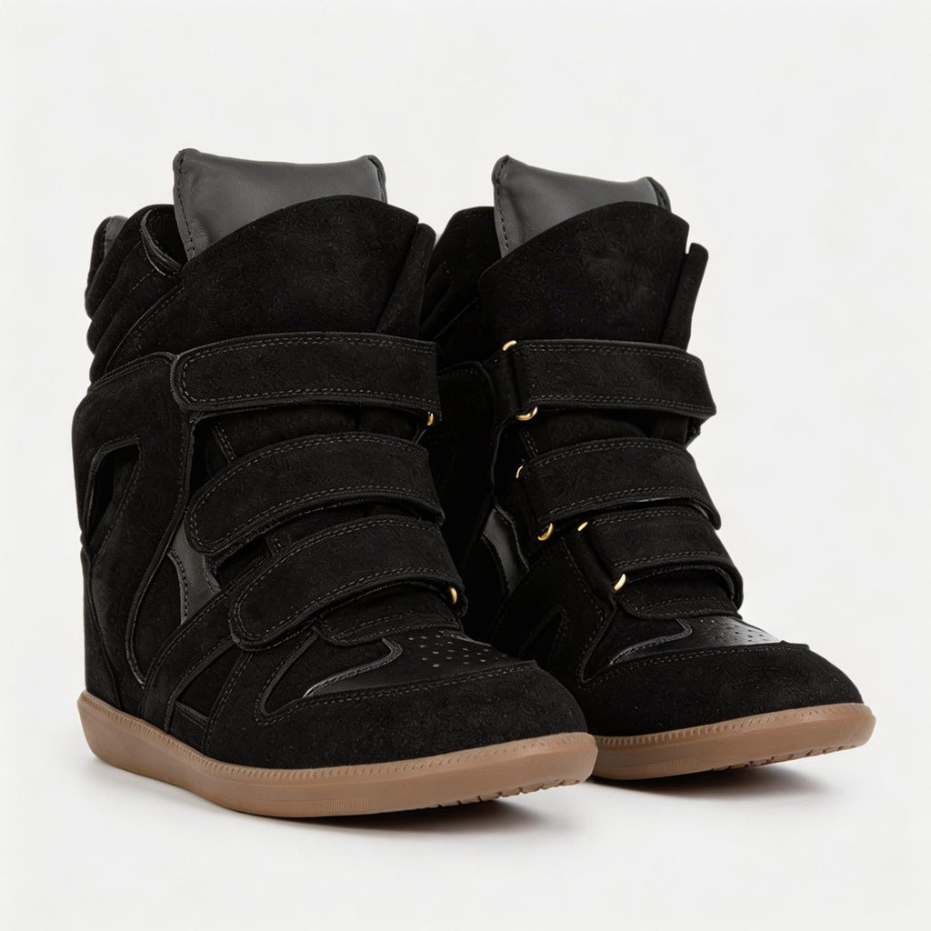 Women's Premium Leather High-Top Sneakers - Hidden Heel Velcro Waterproof Shoes