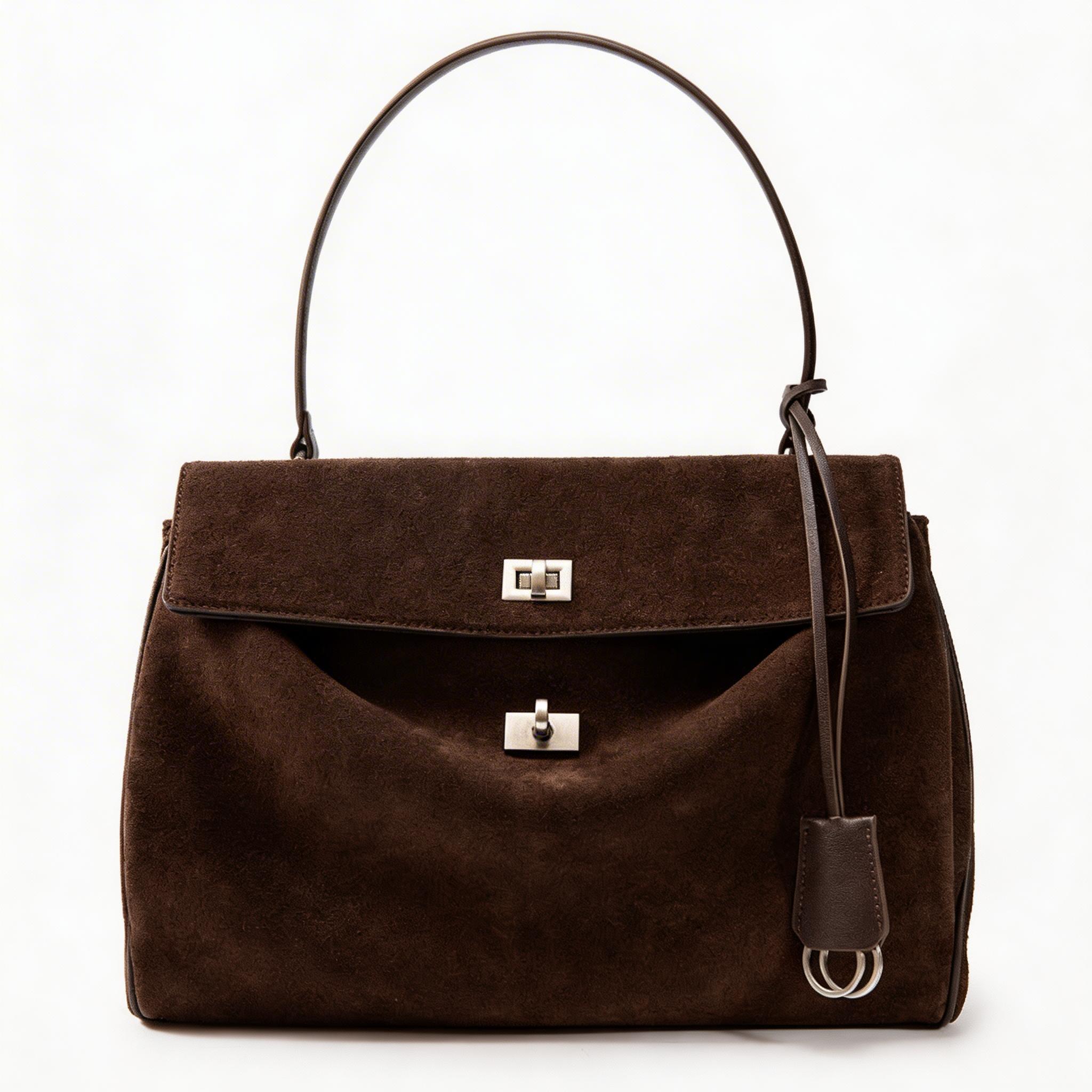 Women's Premium Leather Structured Handbag - Vintage Turn-Lock Shoulder Bag