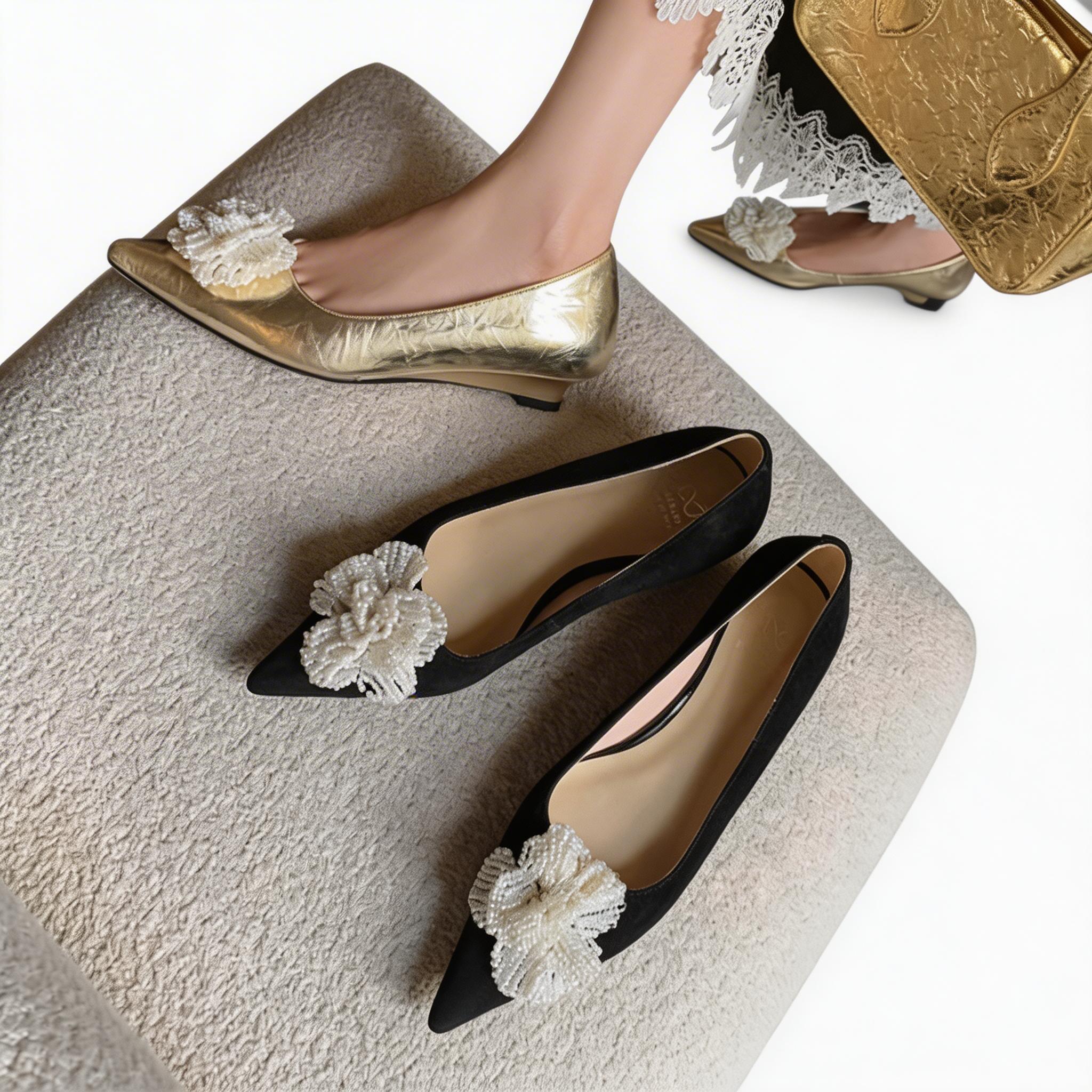 Vintage Floral Pointed Toe Kitten Heels for Women – Leather Low Heel Pump