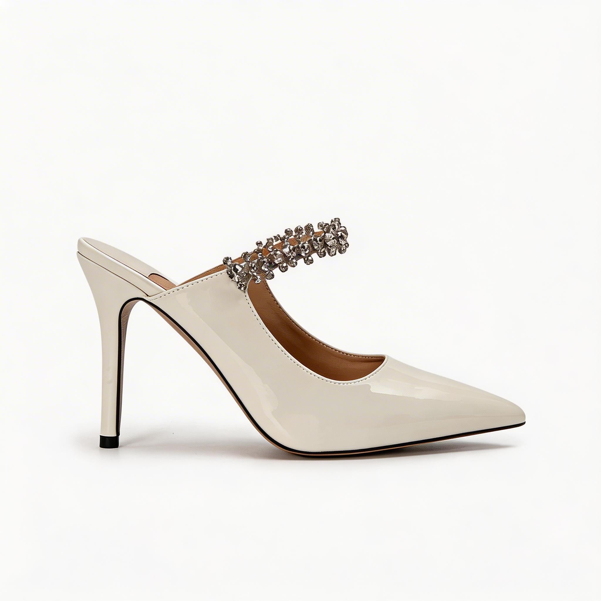 Luxury Crystal Strap Pointed Toe Mule Heels, Elegant High Heel Sandals for Women