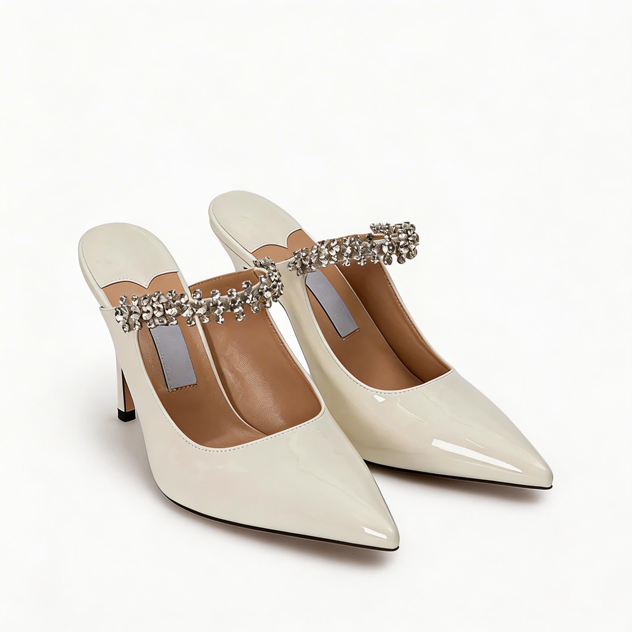 Luxury Crystal Strap Pointed Toe Mule Heels, Elegant High Heel Sandals for Women