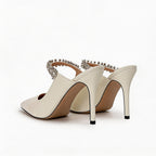 Luxury Crystal Strap Pointed Toe Mule Heels, Elegant High Heel Sandals for Women