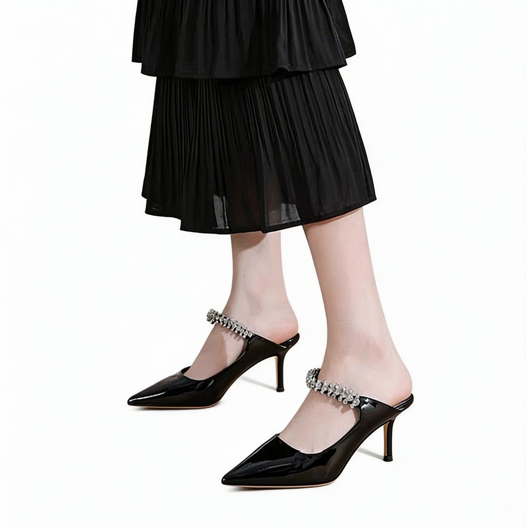 Luxury Crystal Strap Pointed Toe Mule Heels, Elegant High Heel Sandals for Women
