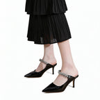 Luxury Crystal Strap Pointed Toe Mule Heels, Elegant High Heel Sandals for Women
