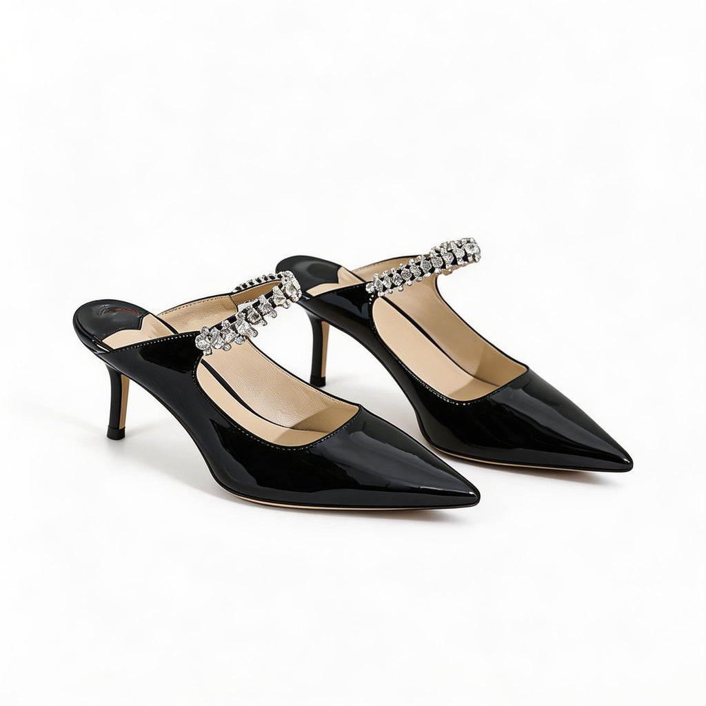 Luxury Crystal Strap Pointed Toe Mule Heels, Elegant High Heel Sandals for Women