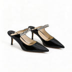 Luxury Crystal Strap Pointed Toe Mule Heels, Elegant High Heel Sandals for Women