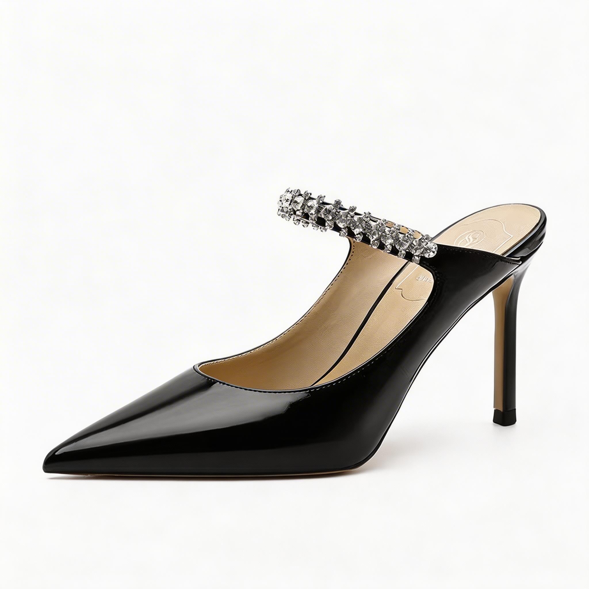 Luxury Crystal Strap Pointed Toe Mule Heels, Elegant High Heel Sandals for Women